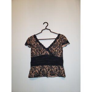 J.R. Nites By Caliendo Womens Petites 4P Blouse Short Sleeve Black Lace V Neck